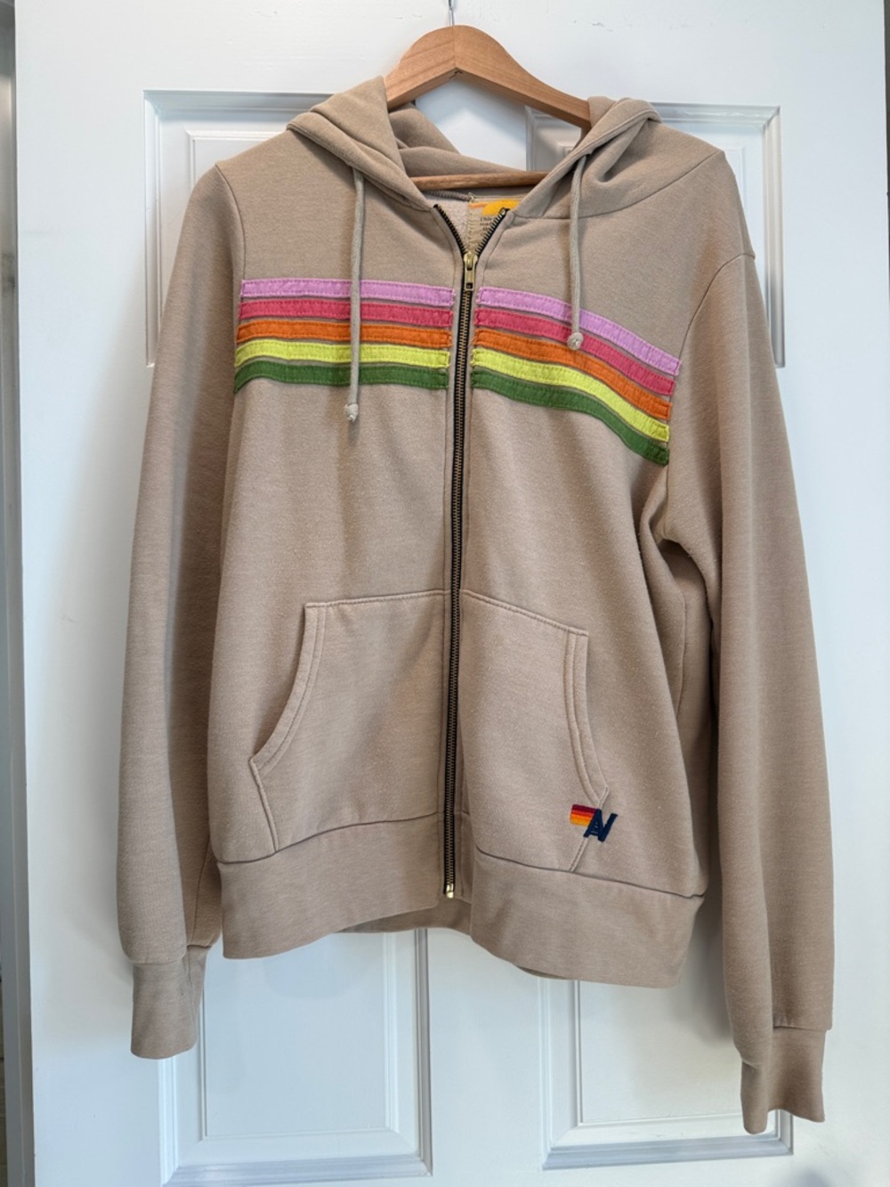 Aviator Nation Khaki Zip-Up Hoodie with Pink, Orange, Yellow & Green Stripes